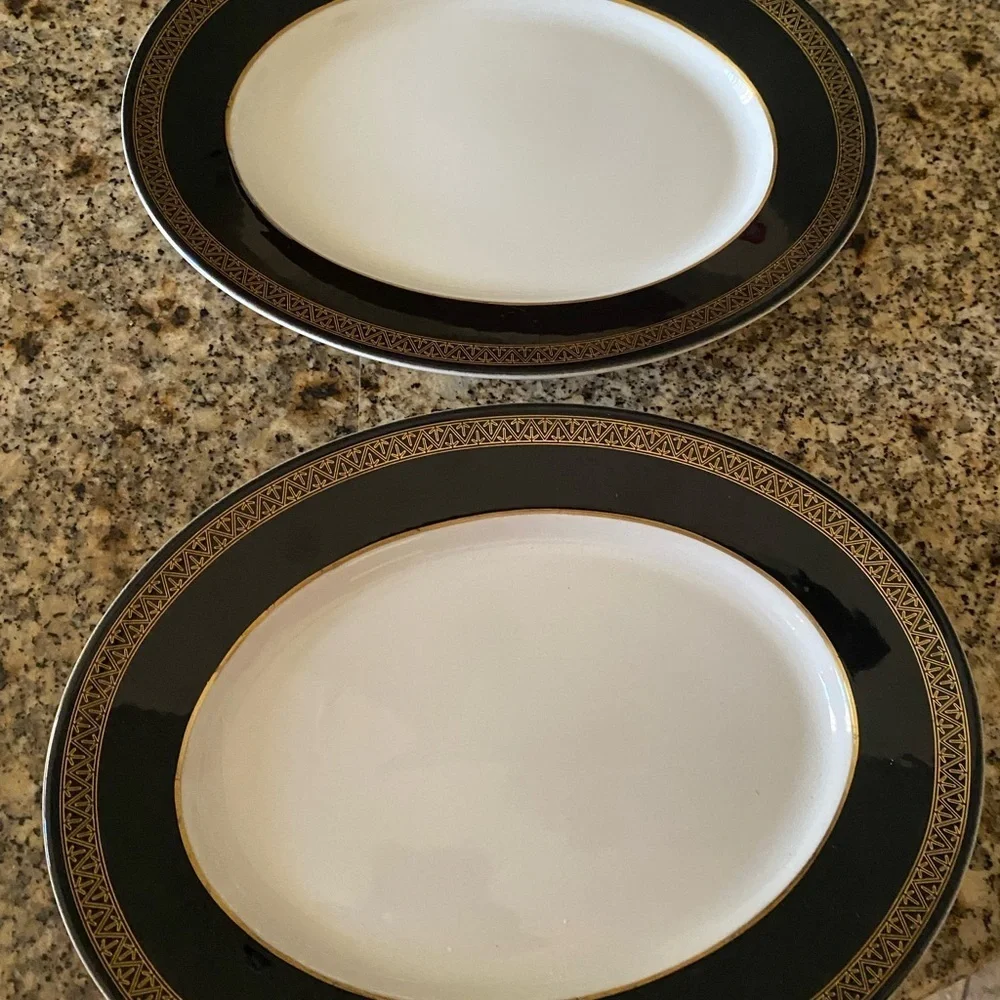 2 Mid Century Modern Shenango China Grecian Gold Black Band Oval Plates 12”x 9.5